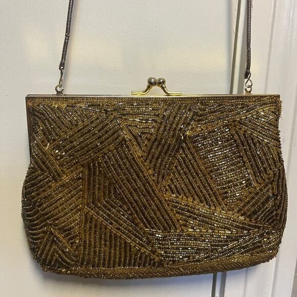 Vintage 1980s GOLD Geometric Beaded Luxury Designer Evening Bag Pristine 1 - Picture 2 of 12